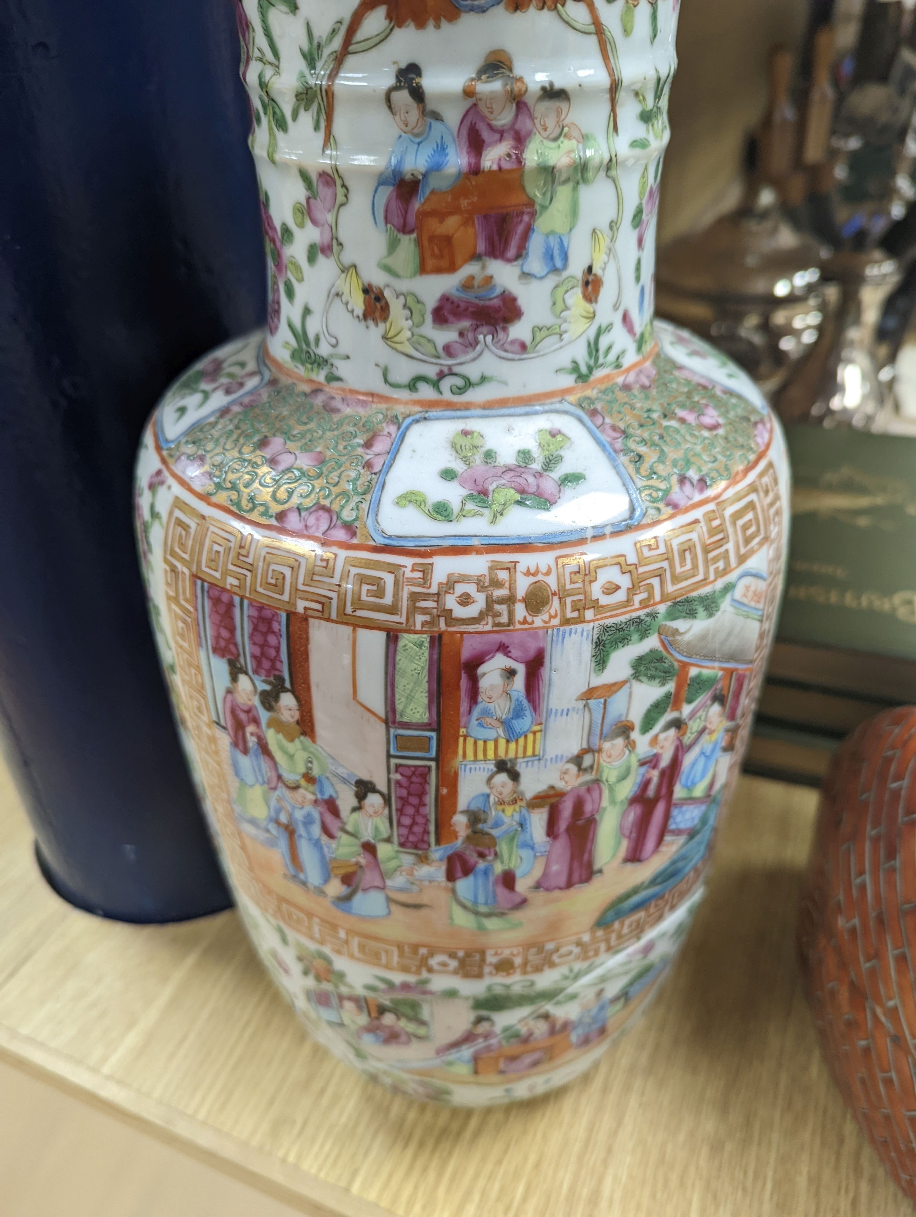 A Chinese famille rose vase, a figure of Budai, a turquoise glaze vase etc, vase 45 cms high.